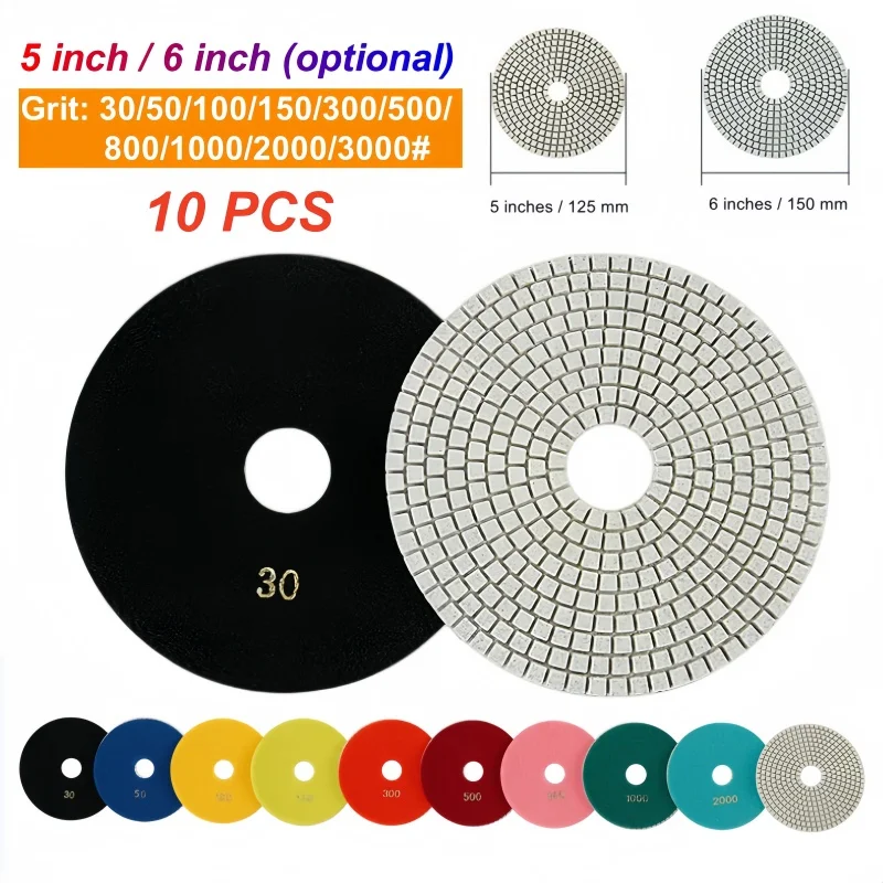 10Pcs 5Inch 6Inch Wet Diamond Polishing Pads Flexible Grinding Discs For Granite Marble Stone Concrete Polishing, Grit 30-3000