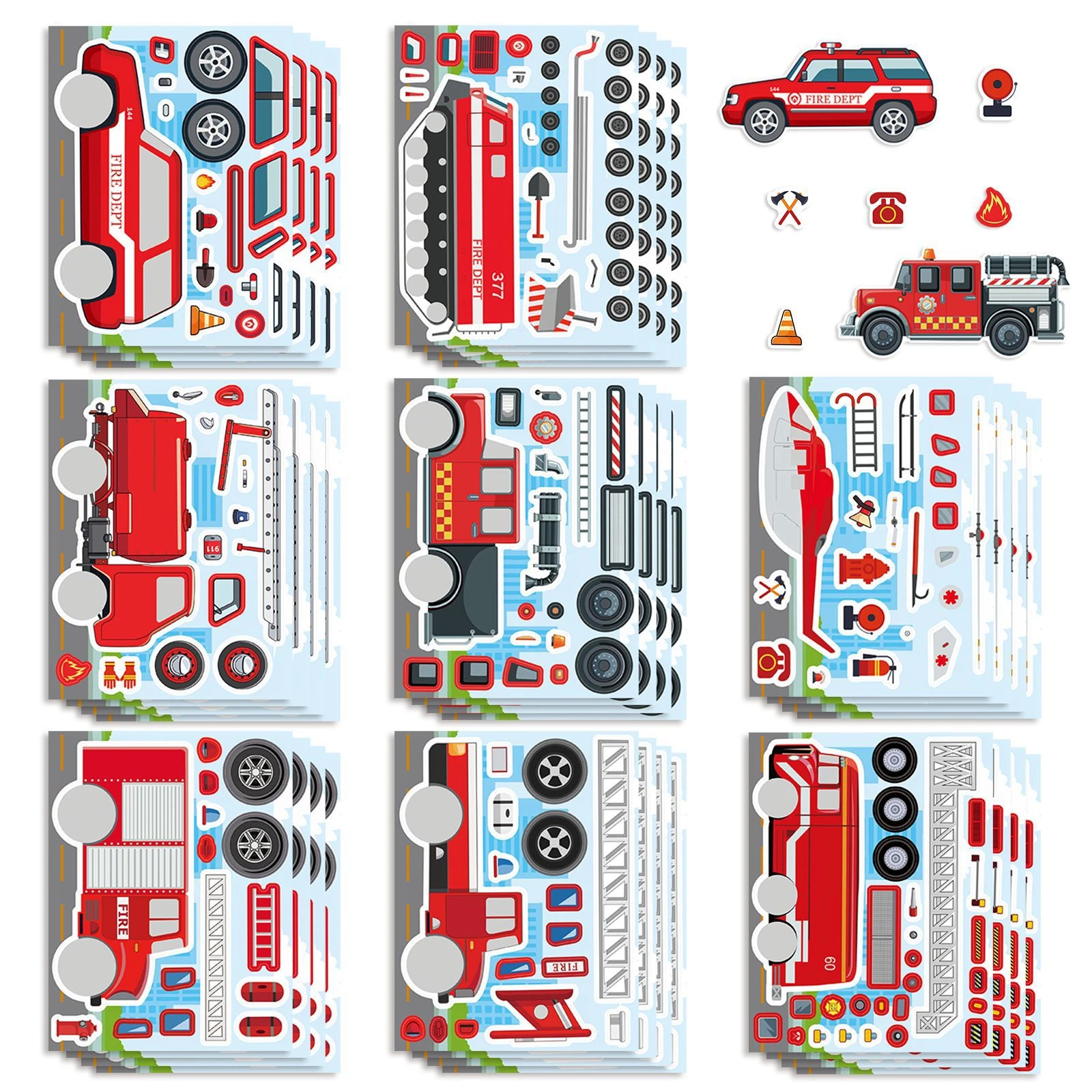 16Sheets Fire Truck Puzzle Graffiti Stickers Rescue Vehicle DIY Guitar Phone Laptop Suitcase Water Cup Skateboard Decals