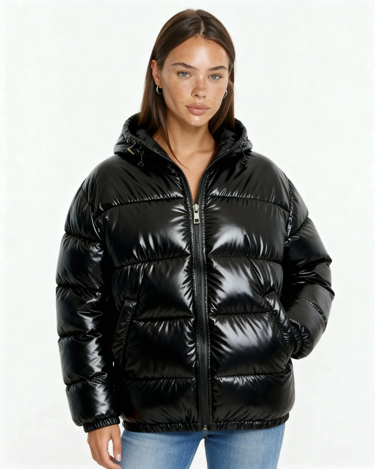 Glossy Hooded Puffer Cotton Jacket Solid Color Zip Up Short Outerwear Thick Warm Winter Coat For Russian Freezing Cold Days