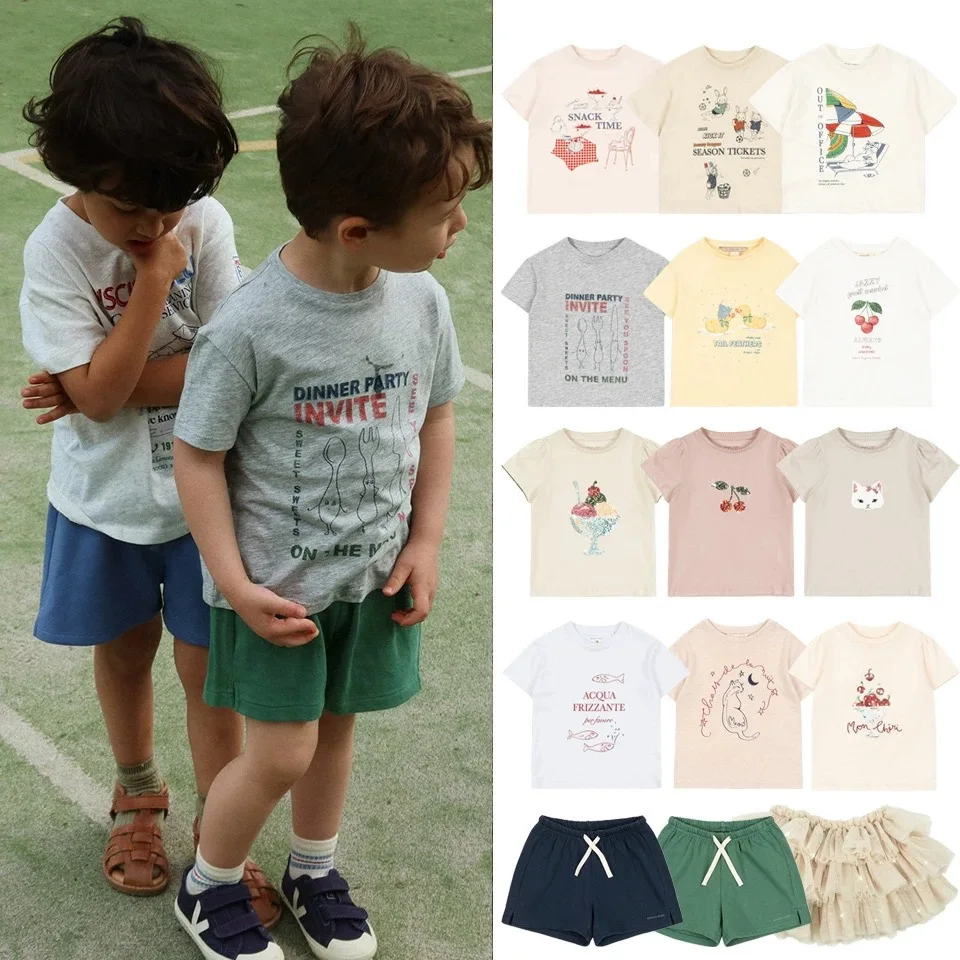 Sommer-Freizeit-T-Shirt für Kinder, 26 KS, neuer Stil, kurzärmeliges Cartoon-Oberteil mit Shorts und Netz-Gaze-Rock für Jungen und Mädchen