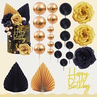 24 PCS Boho Cake Topper Flower Cake Toppers Flower Palm Leaves with Balls Black Gold Cake Decorations for Wedding Birthday Party
