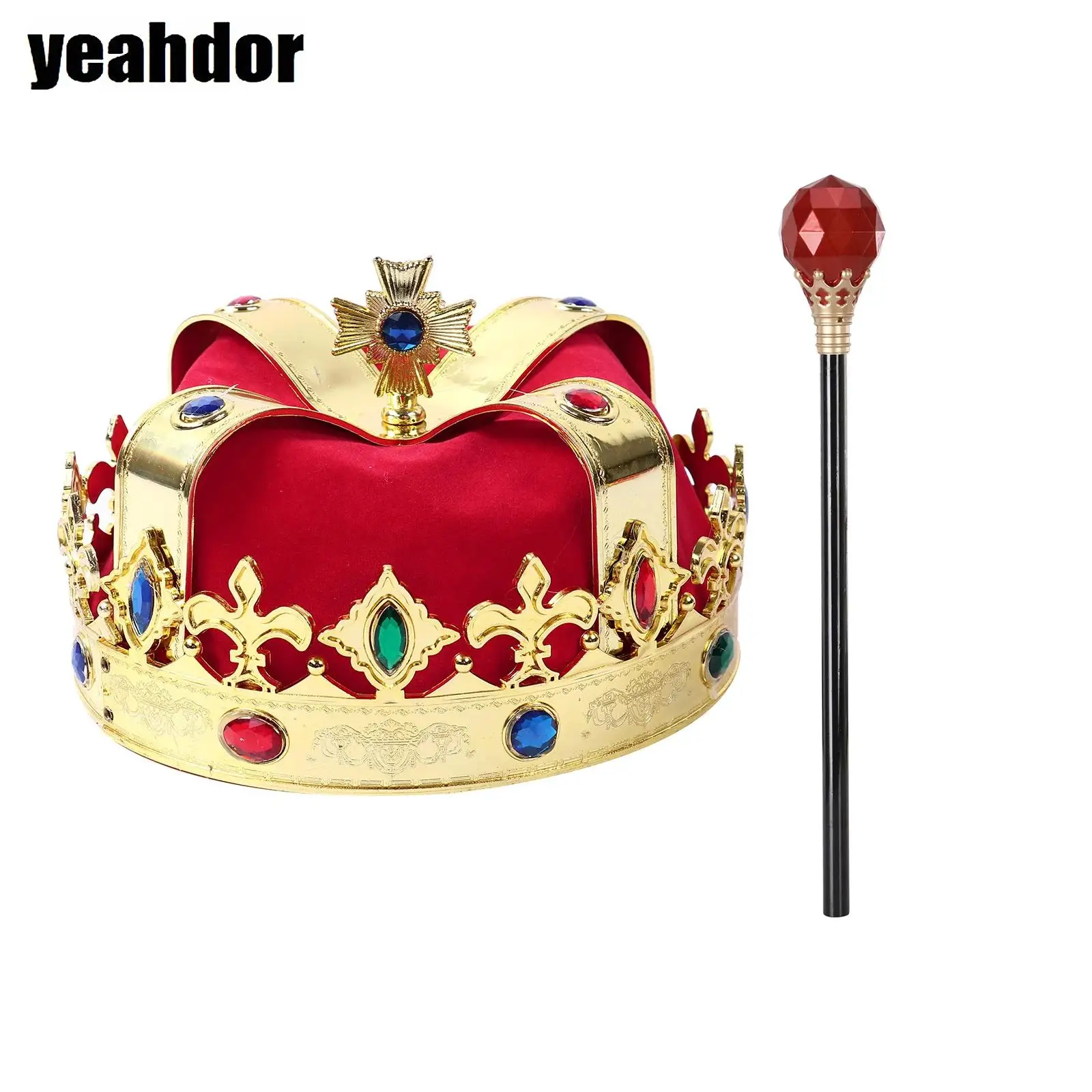 

1 Set Children King Crown Hat Dress-up Imitation Diamond Plastic Emperor Performance Props with Wand for Halloween Cosplay