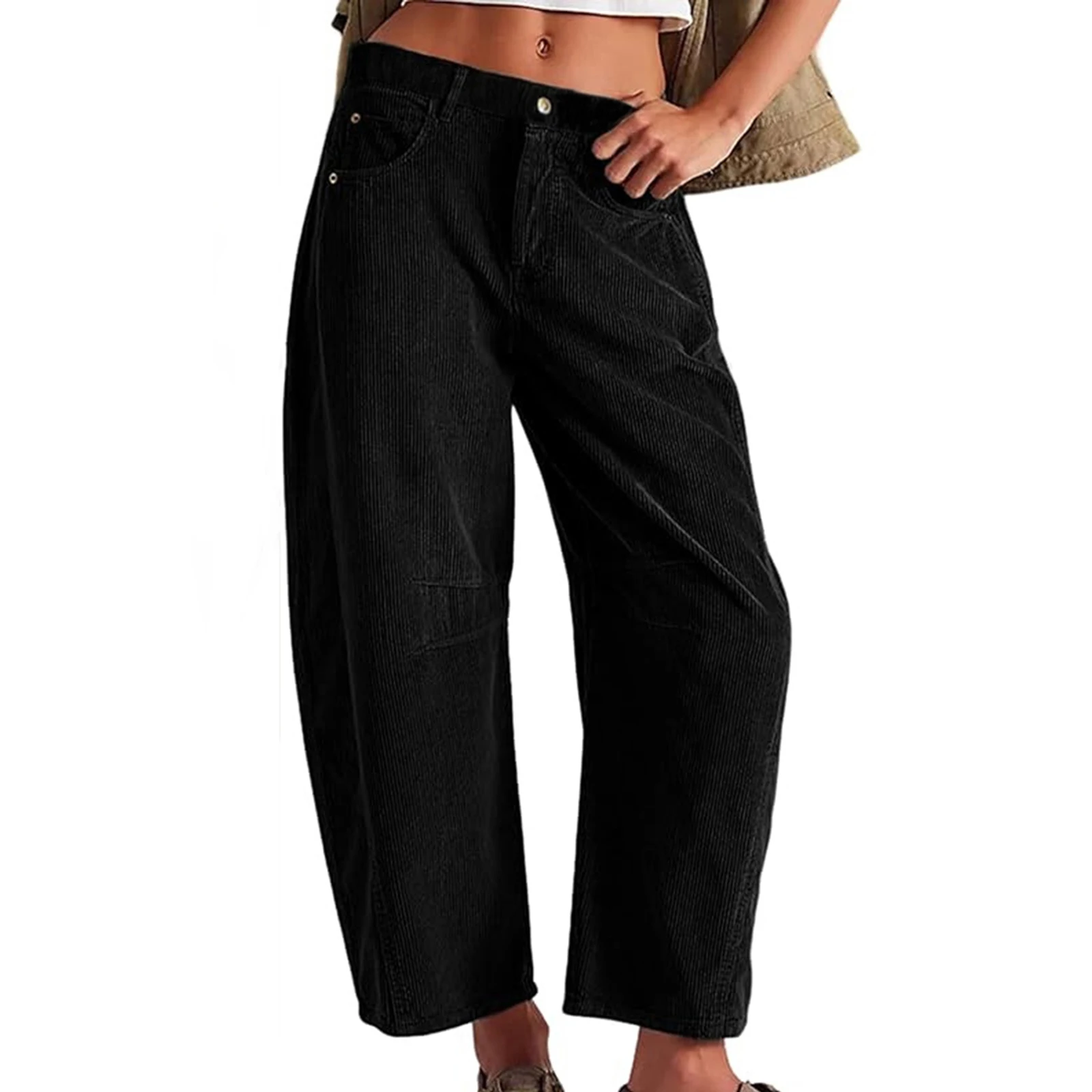 Women Capri Pants Low Waist 3/4 Length Pants Corduroy Cropped Pants with Pockets for Casual Daily