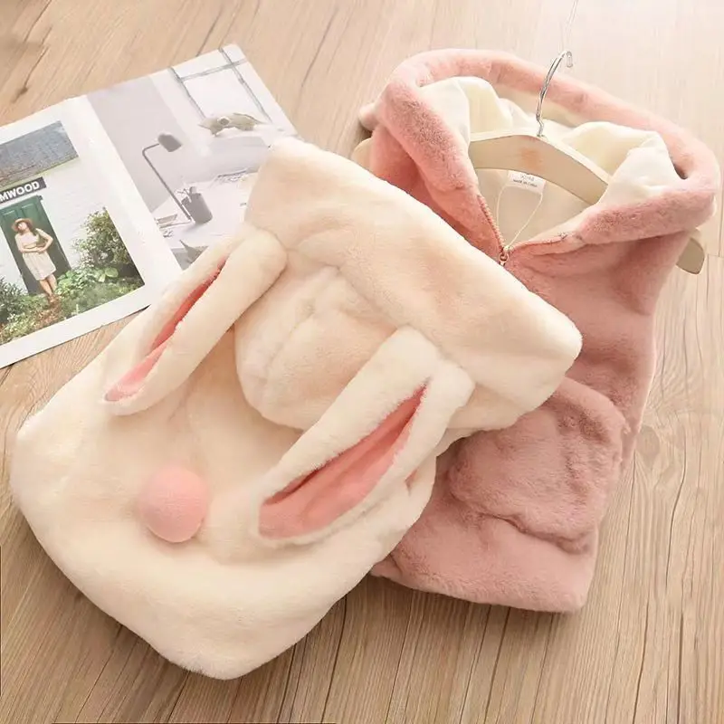 Children's Vest Korean Version Girls' Fur Imitation Fur Vest with Hat Baby Plush Coat New Autumn and Winter with Plush