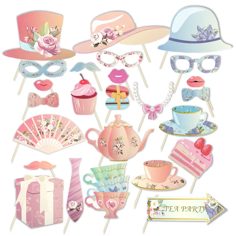 1set Tea Party Photo Booth Props Party Mask Funny Accessories Wedding Decoration Boy Girl Baby Shower Decor DIY Party Supplies