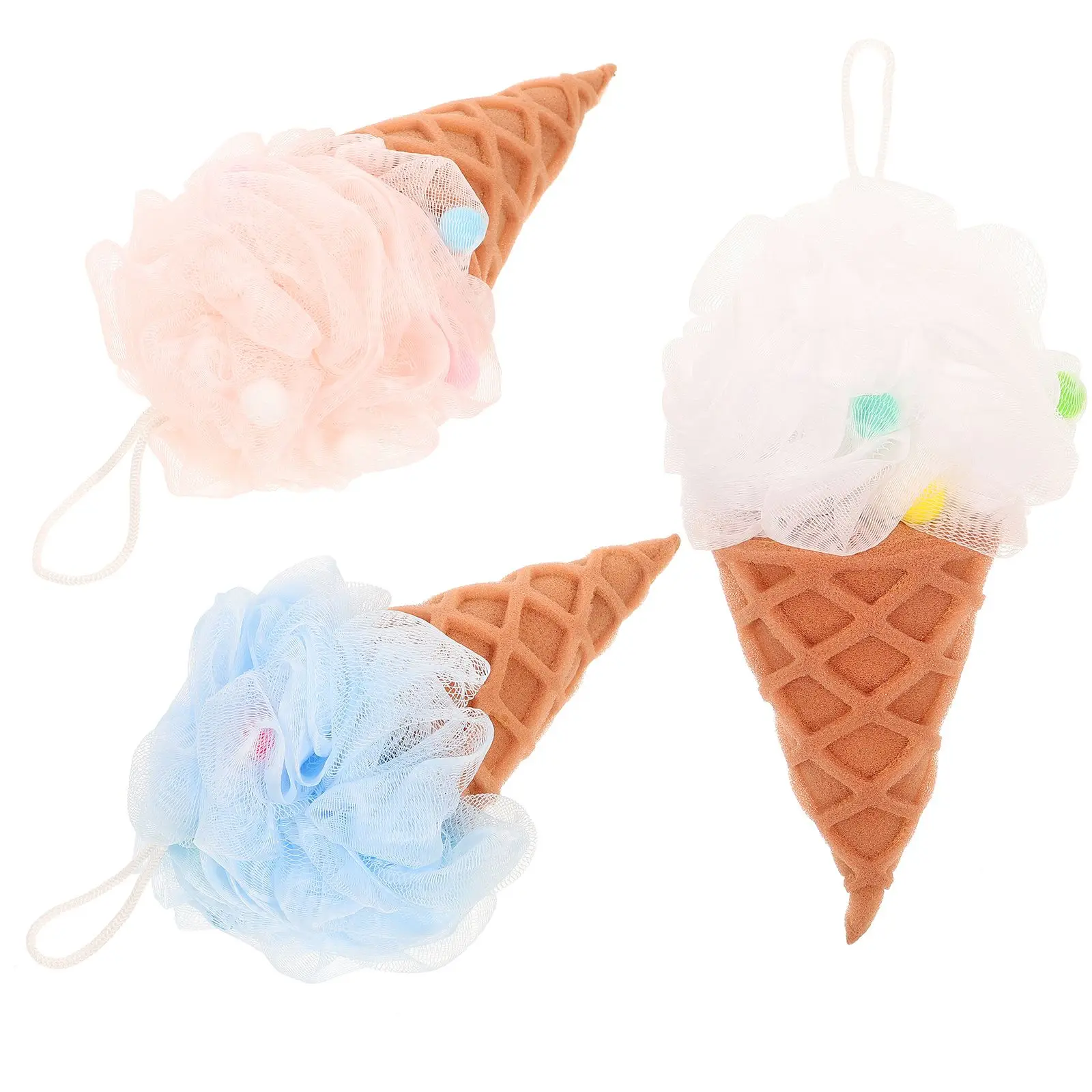 

3pcs Shower Ice Cream Bath Ball Sponge Pink White Blue Comfortable Hanging Rope Dense Mesh Exfoliate Cleanse
