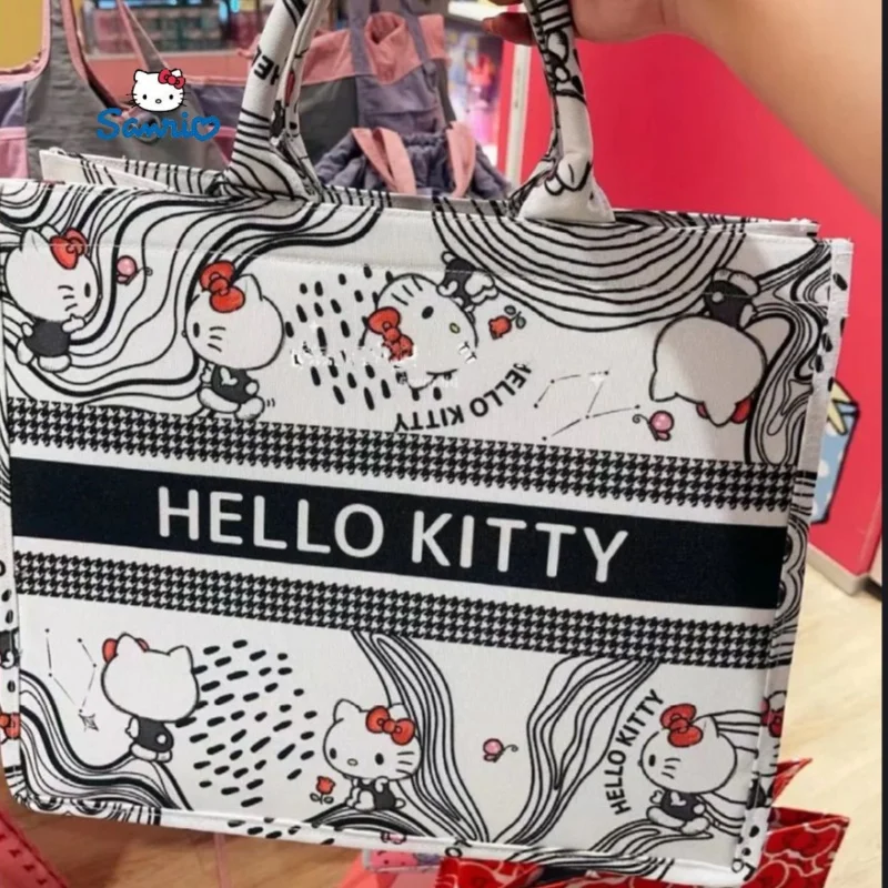 Miniso Sanrio Hello Kitty Canvas Tote Bag For Women Cute Cartoon Large Capacity Shopping Bag Commuter Handbag My Melody Bag Gift