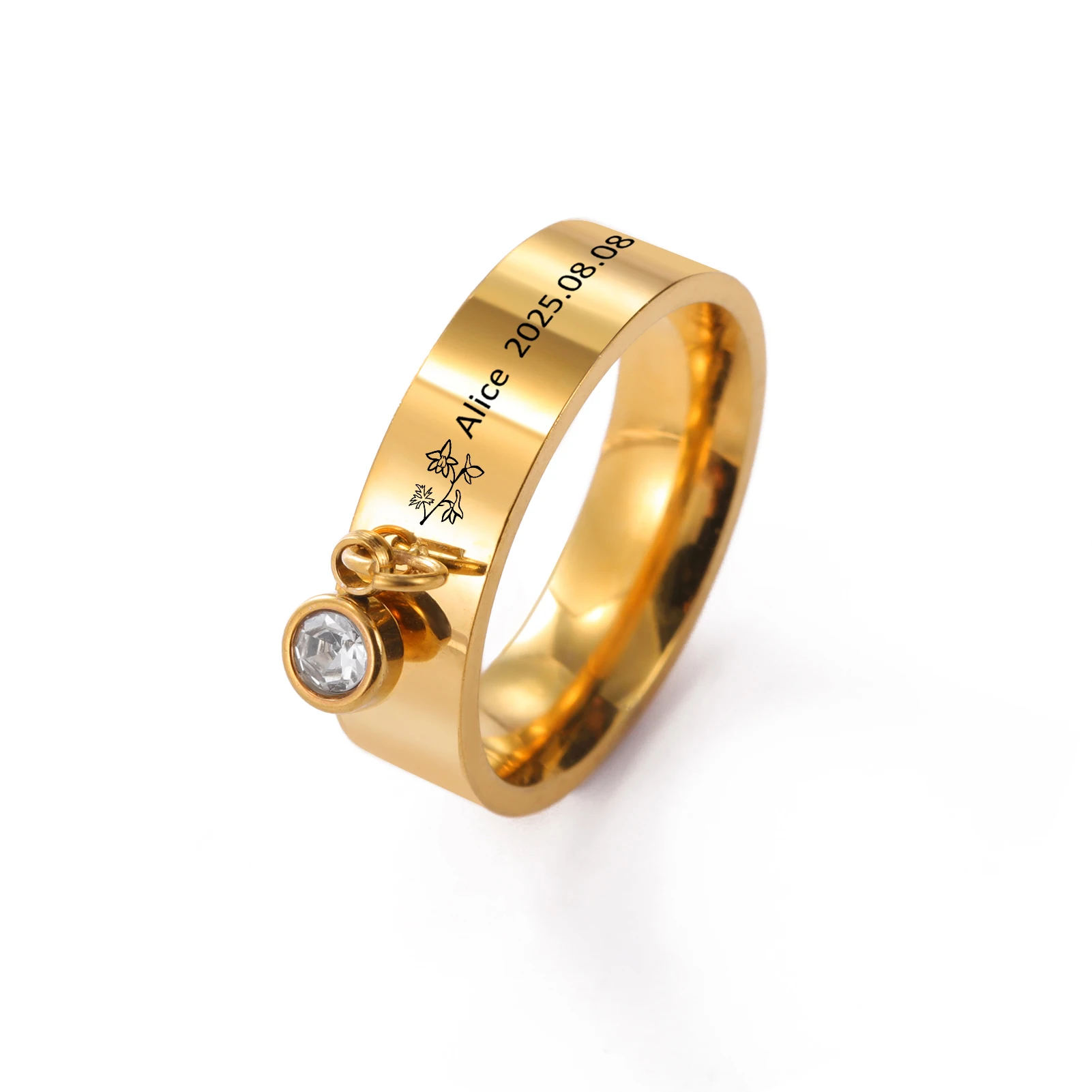 

Exclusive Personalized Birth Flower Ring, Branded Customized Ring, Engraved Diamond Ring, Must-Have For Couples And Singles