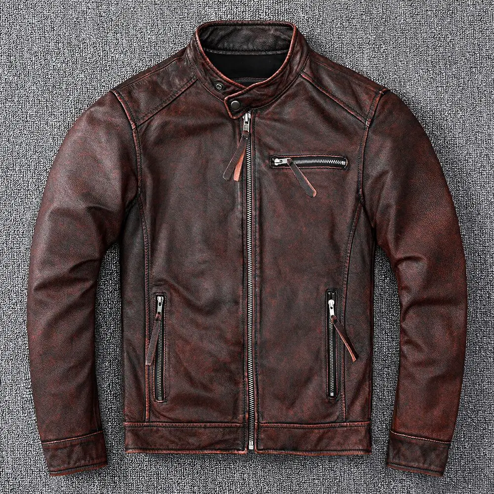 Vintage Brown Coat Classic Biker Style Short Slim Genuine Leather Jacket Men Casual Leather Coat Asian Size 6XL Autumn Wholesale