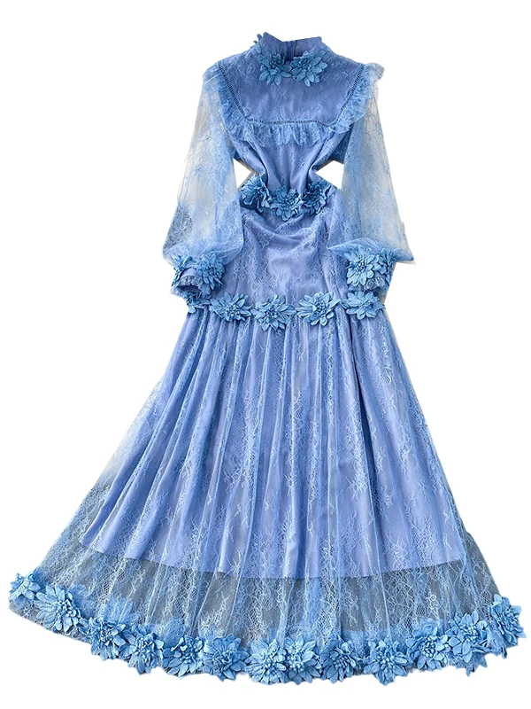 Retro Court Sle Beautiful Fairy Aosphere 3D Flower round Ne Long Dr Women's High-End Lace Dr Ele Princ Gown