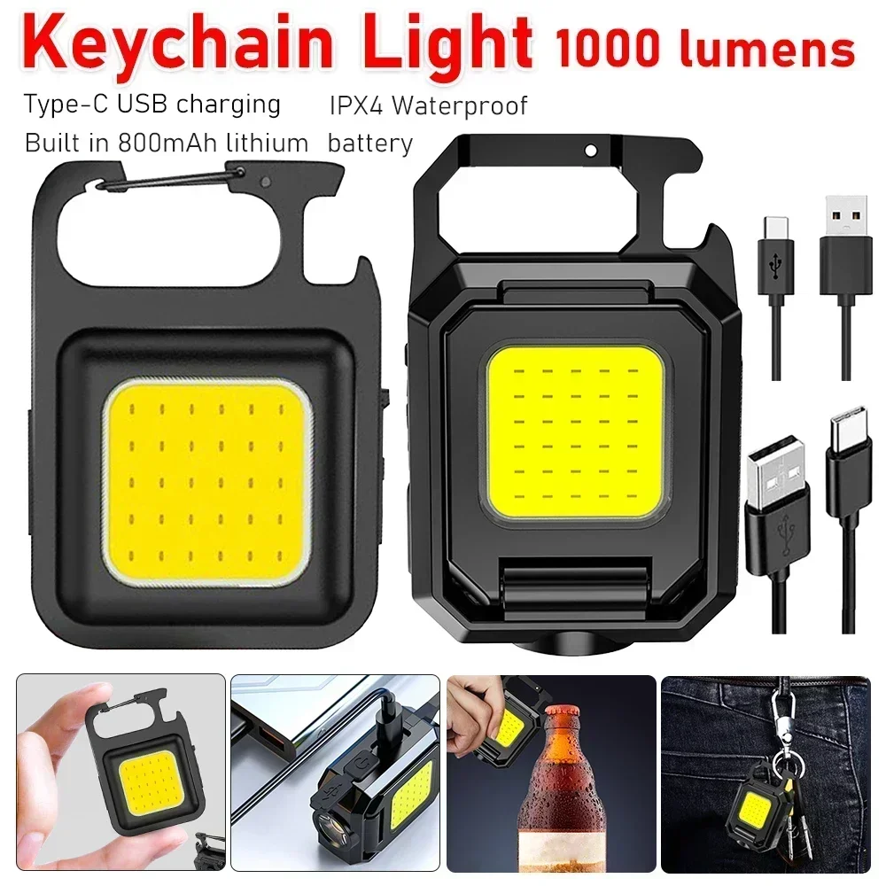 COB+XPE Pocket Work Light 1000LM LED Mini Keychain Light USB Rechargeable Flashlight IPX4 Waterproof for Outdoor Camping Hiking