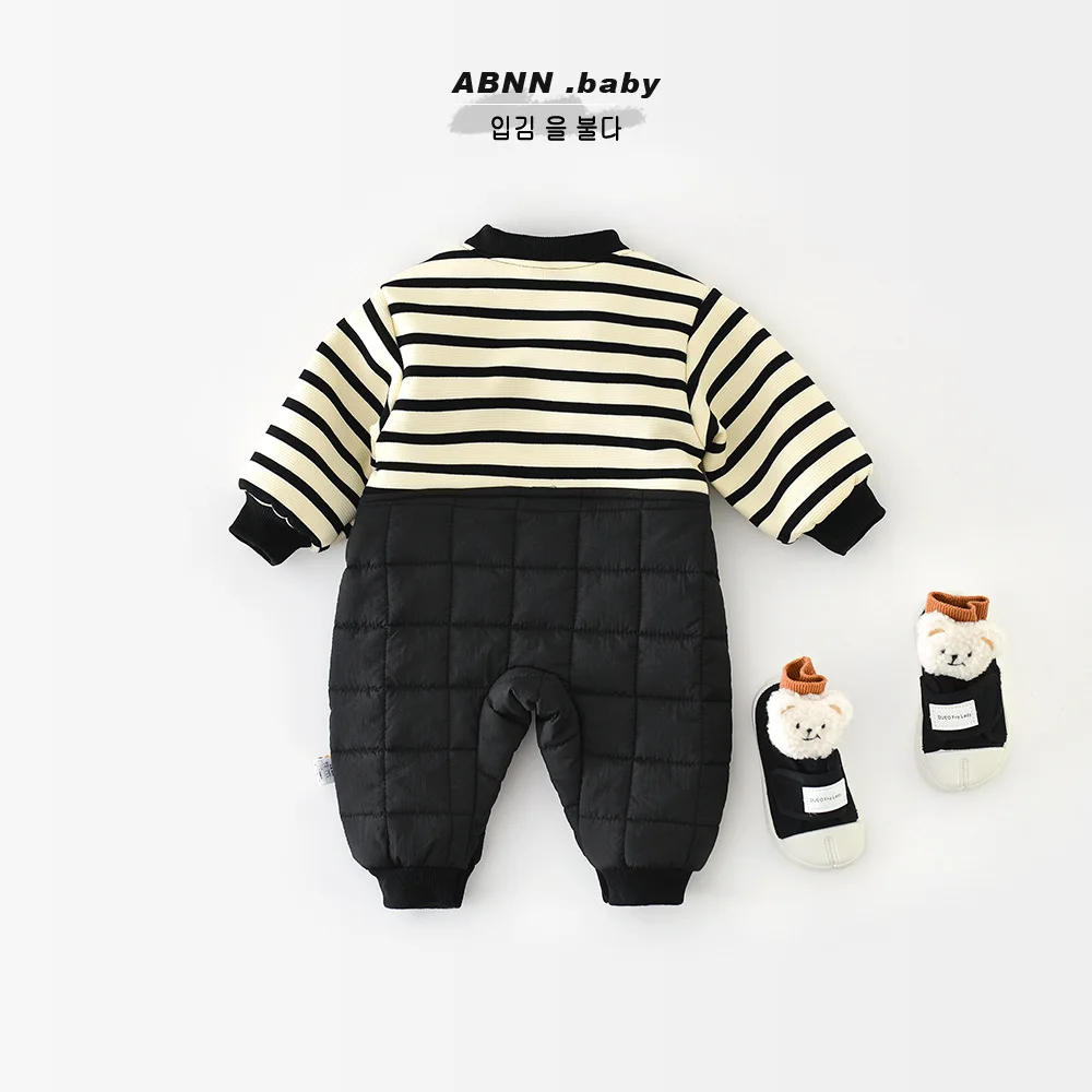 Autumn Winter Baby Boys Jumpsuit Striped Spliced Cartoon Plus Velvet Newborn Boys Rompers Cotton Padded Thick Infant Boy Onesies