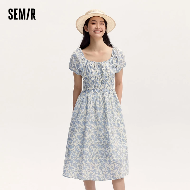 Semir Dress Women Gentle And Elegant 2024 Summer New French-Style Square Collar Waist Cinched Mid-Length Fresh