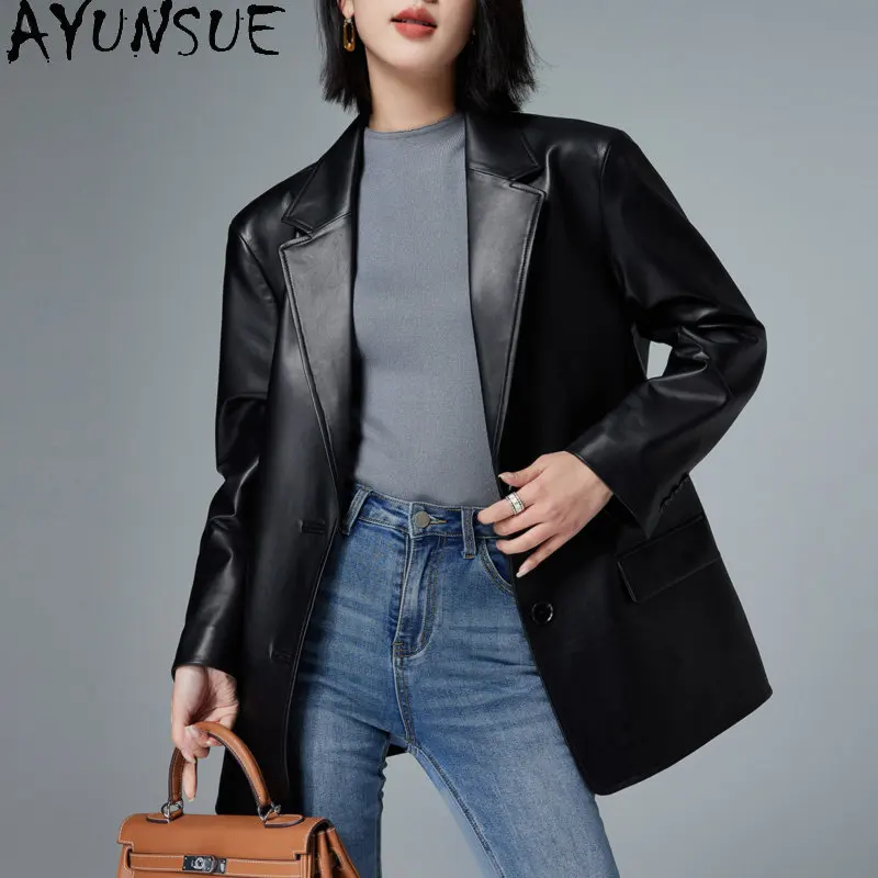 

AYUNSUE High Quality Genuine Leather Blazer Women Spring Autumn Sheepskin Leather Jackets for Women 2023 Mid-length Women Jacket