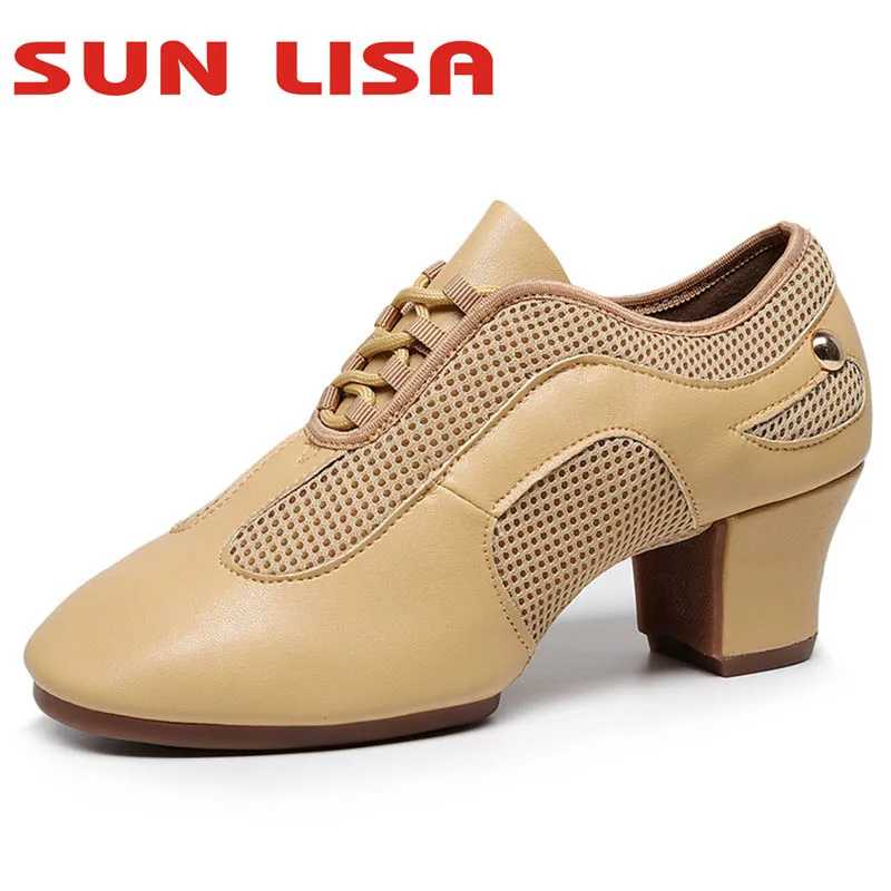 

SUN LISA Women's Lady's Girl's Indoor Leather Sole Chunky Heel Sneaker Ballroom Modern Salsa Latin Dance Shoes