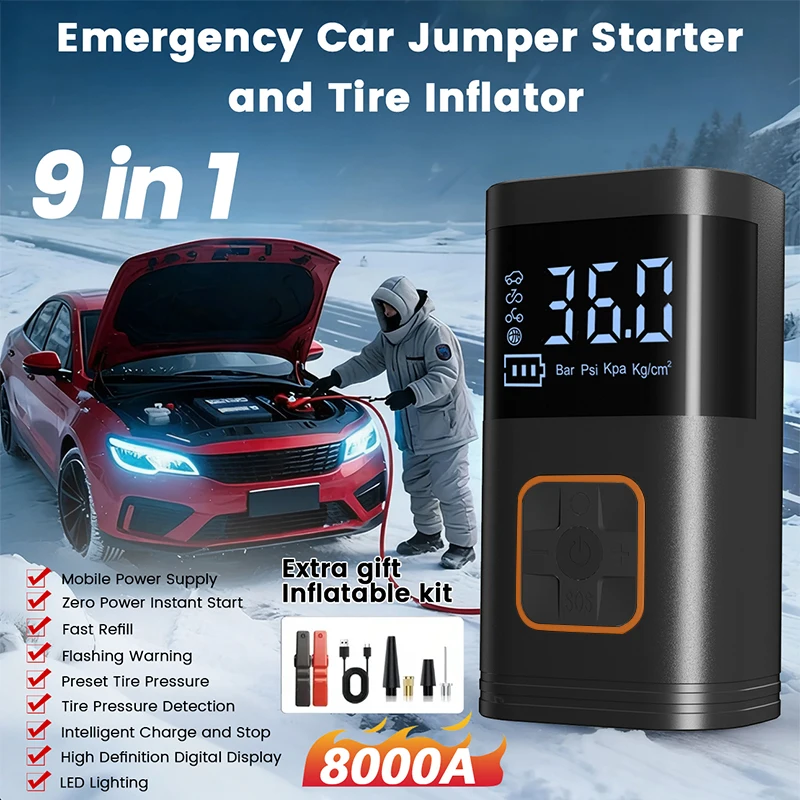 Wireless Car Tire Inflator Portable Air Compressor, 150PSI Rechargeable 7‑in‑1 Digital Tire Pump with LED Light, Auto Shut‑Off A