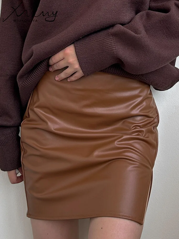 Bodycone Leather Mini Skirts For Women Sexy High Waist Zipper PU Skirt Short Female Black Silit Leather Skirts Woman Autumn