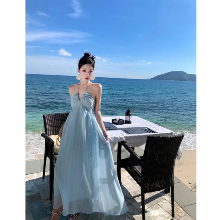 

Длинная пляжная юбка-макси Aosphere с глубоким V-образным вырезом, синяя в клетку, в корейском стиле, с завышенной талией, из полиэстера