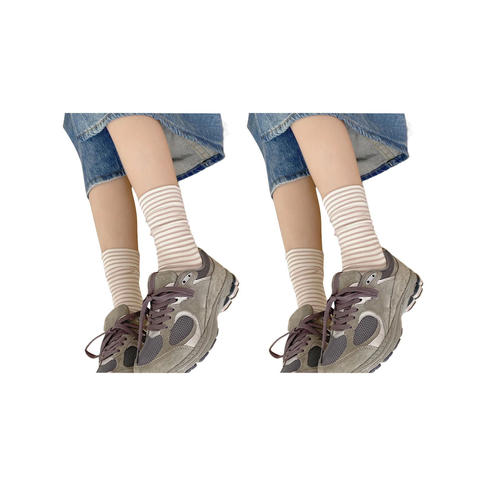 Six-color striped mid-calf socks set for women (1 pair each of coffee/pink/grey/green/blue/yellow)