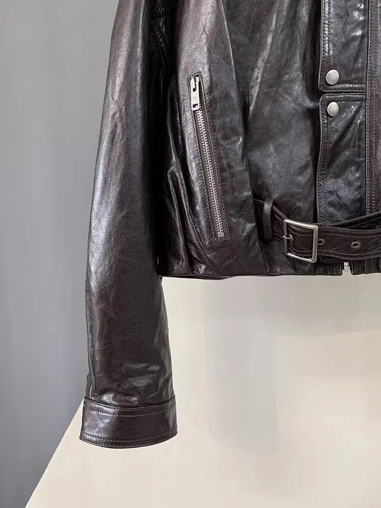 Autunno retrò vera pelle di pecora donna giacca in pelle cerata olio colletto alla coreana giacche da moto corte in vera pelle cerniere soprabito