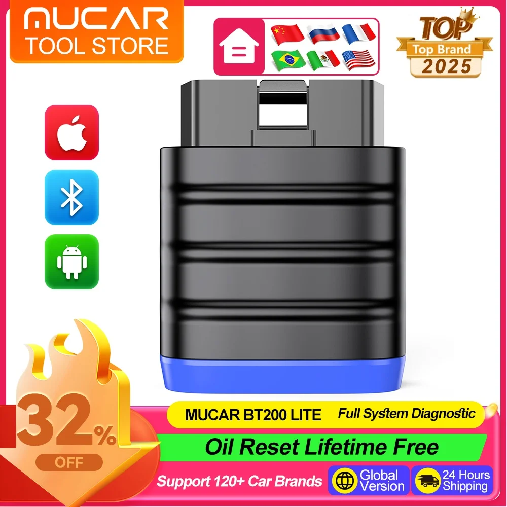 MUCAR BT200 Lite Skaner OBD2 Kompletny System Diagnostyczny Narzędzia Diagnostyczne Reset Oleju Dożywotnie Darmowe Aktualizacje Bezprzewodowy Czytnik Kodów Samochodowych Skaner Mucar