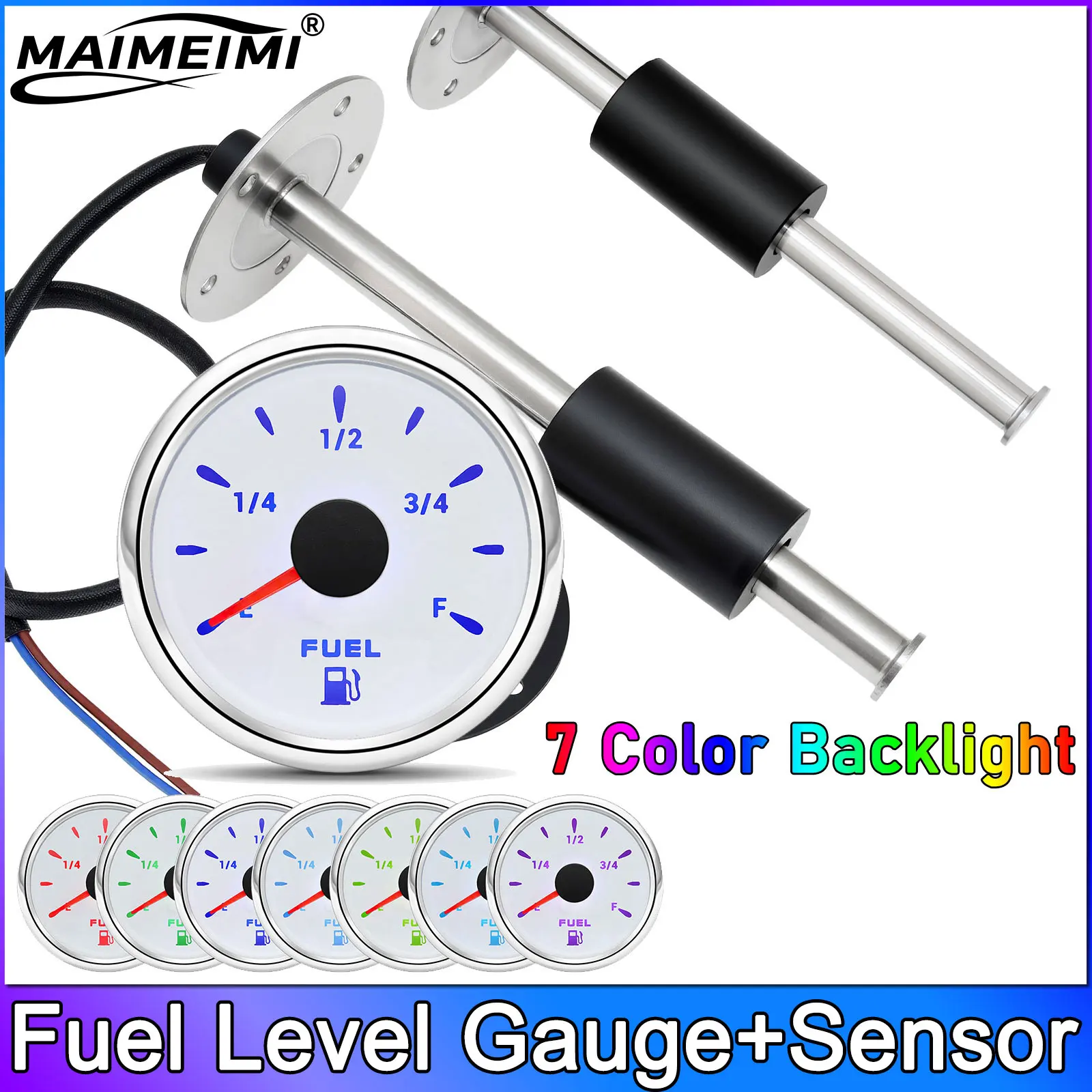 7 Colors 52MM Fuel Level Gauge with Fuel Level Sensor 100MM 200MM 250MM 500mm 0-190ohm Oil Liquid Tank Fuel Level Indicator