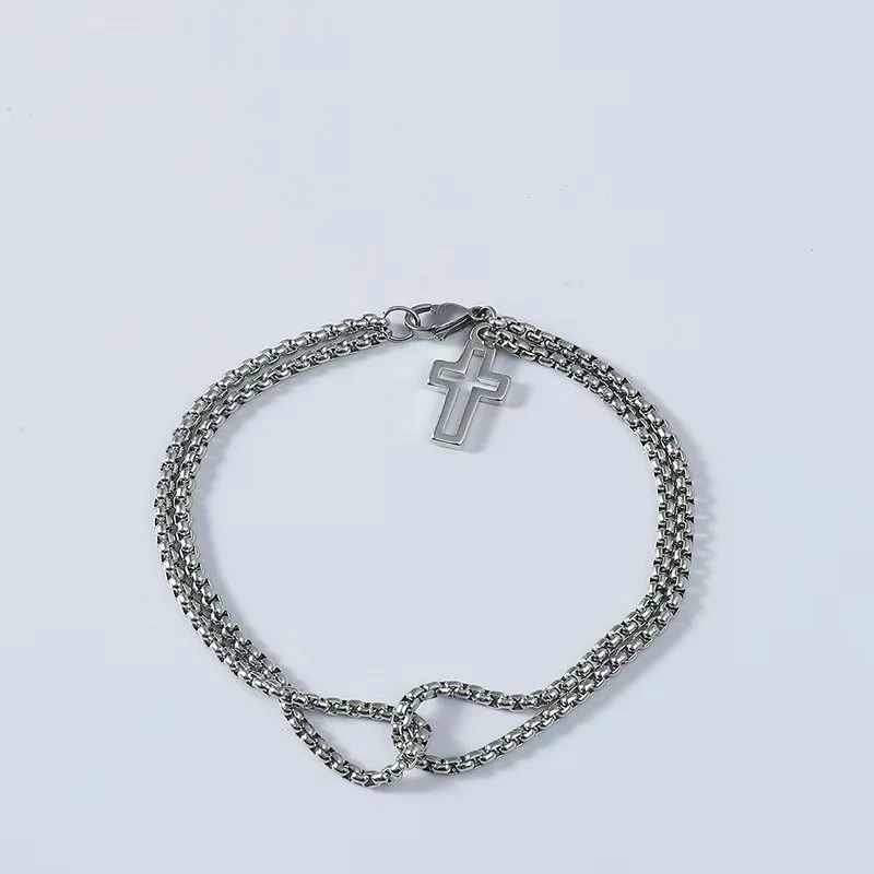 Men's Fashion Double Chain Cross Hollow Bracelet Lobster Buckle Bracelet Hip-Hop Punk Party Accessory