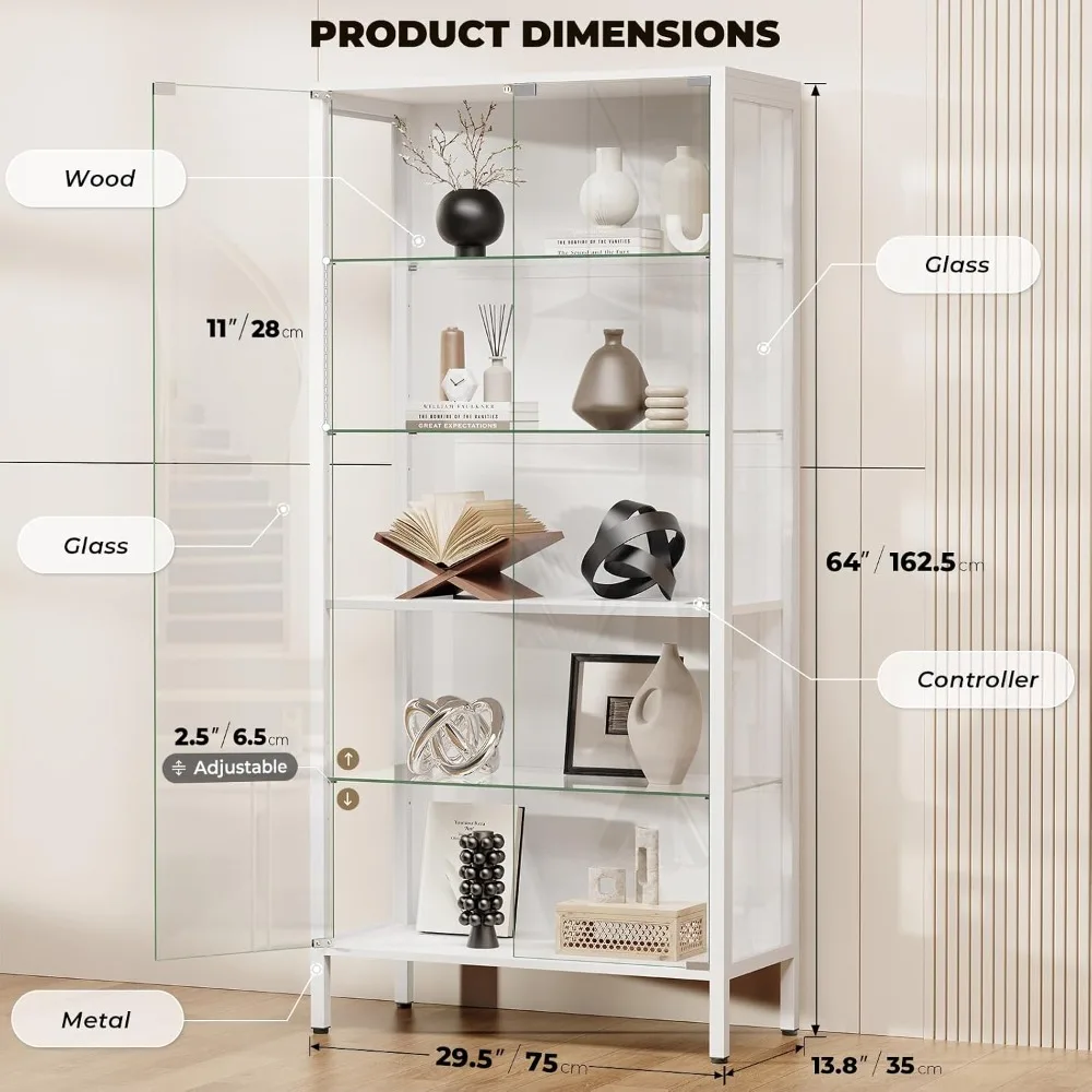 Glass Display Cabinet 5-Tier Curio Case with Adjustable Shelves and 3-Color Lights, White