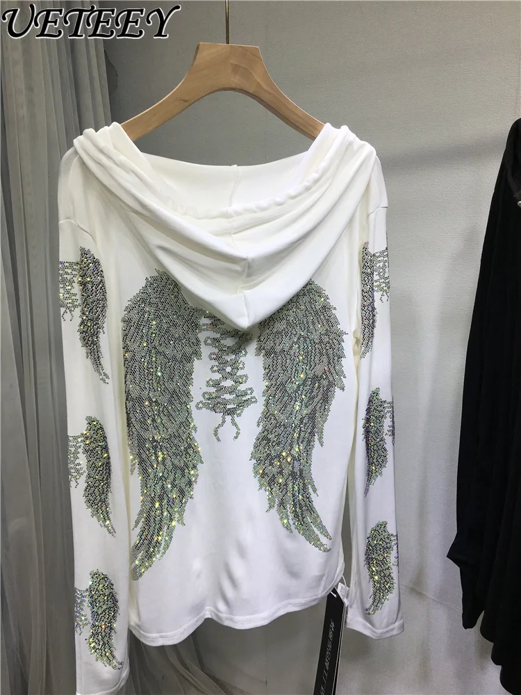 

Rhinestone Sweatshirt Jacket Women Light Luxury Large Wings Loose Hoodies New Loose Casual Slimming Black Hoodie Coat Autumn New