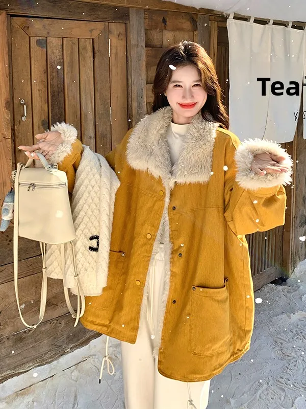 여성용 안감 처리된 따뜻한 양털 자켓 노란색 오렌지색 가을 겨울 신상 한국 스타일 면 의류