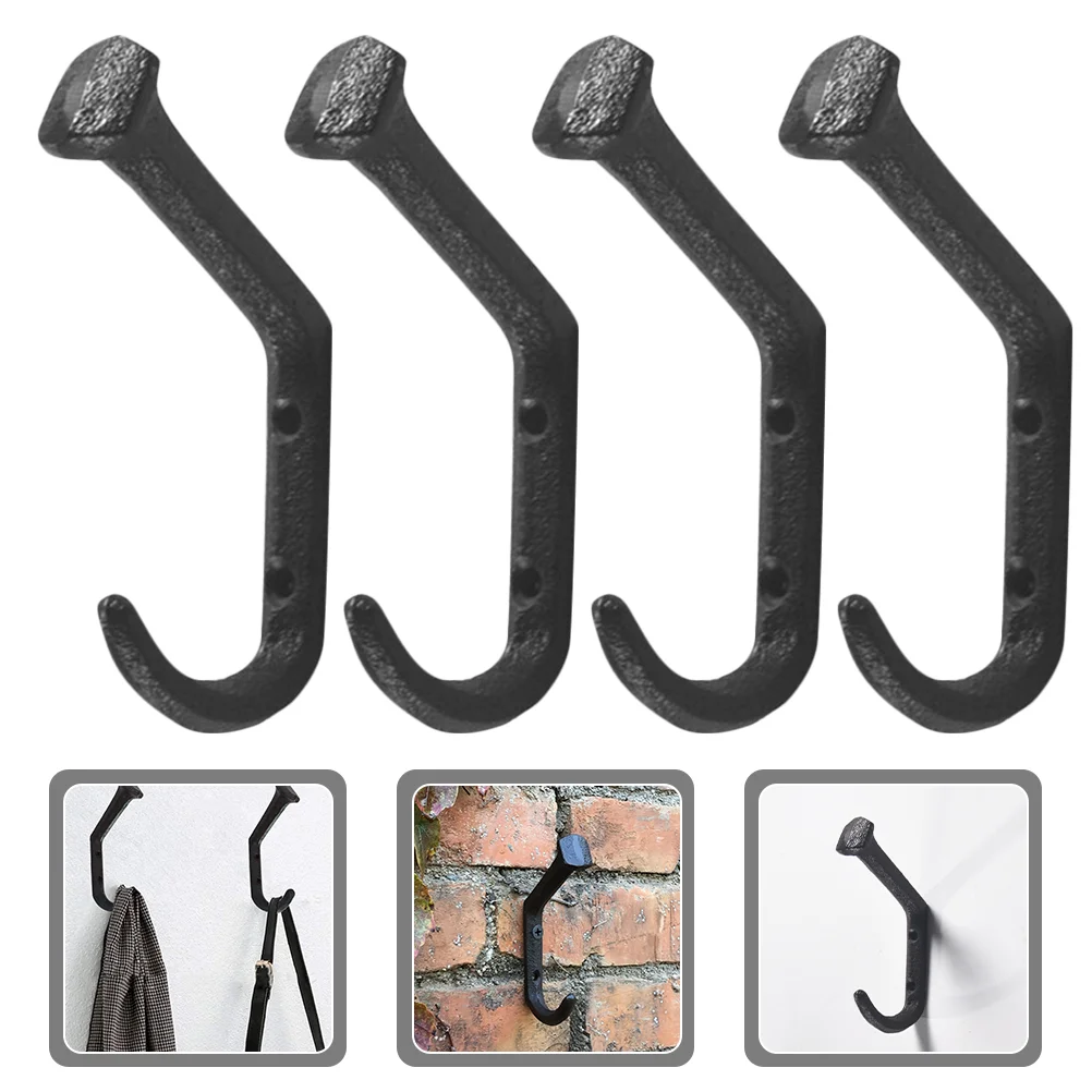 4 Pcs Door Hook Cast Iron Picture Hanging Hooks Double Prong Robe Simple Wall