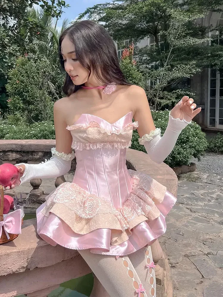 Sweety Pink Strapless Princess Dress for Women Fashion Sleeveless Off Shoulder Bodycon Dresses 2024 Female Sexy Party Gown Robe