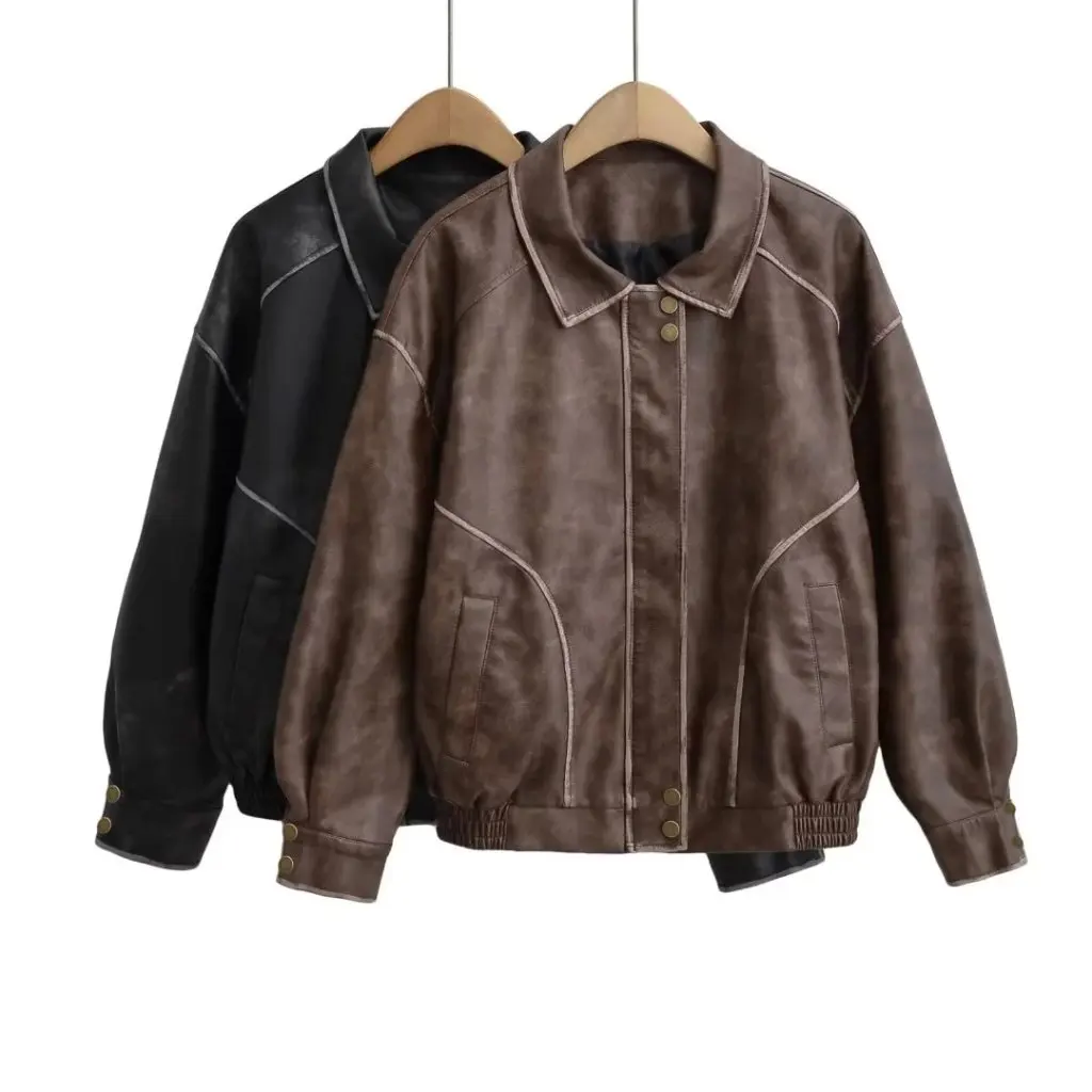 Damska kurtka retro z postarzanego sztucznego skórzanego materiału PU, mocno spranej, z efektem szczotkowania, z długim rękawem, luźny krój, jesienna, modna, w stylu hot girl.