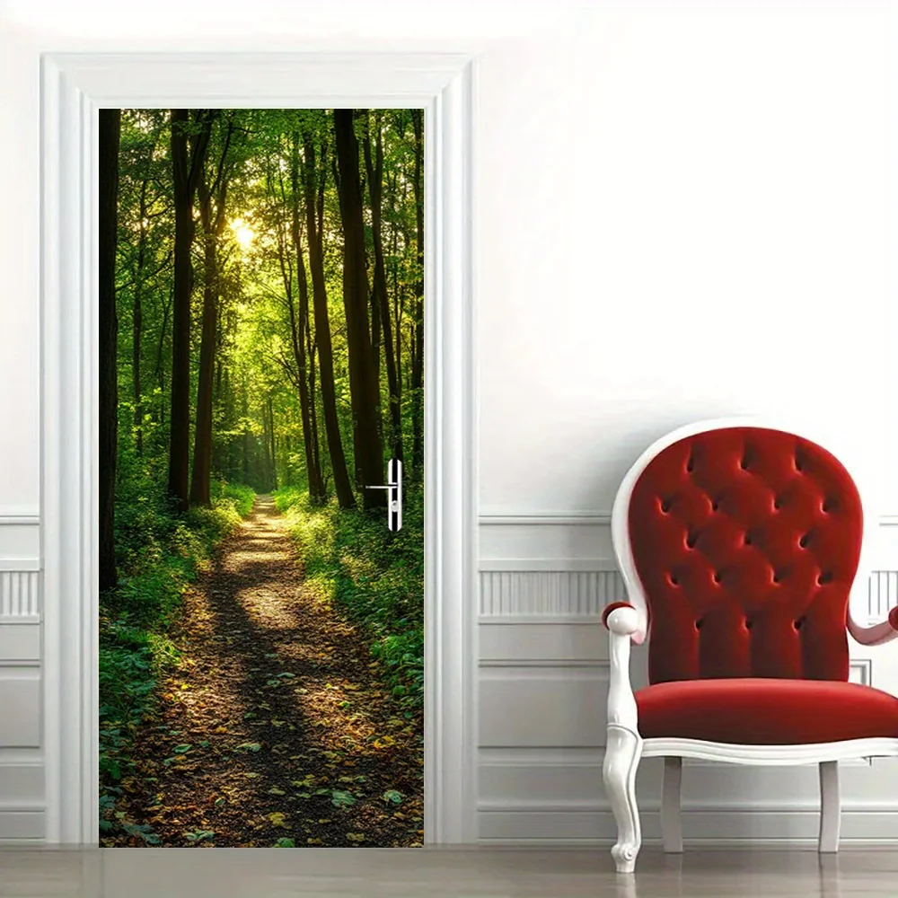 1 paire d'autocollants de porte autocollants décoratifs pour chemin forestier, avec motif de feuilles réalistes, incluant des éléments représentant la lumière du soleil et des arbres, adaptés pour la décoration.