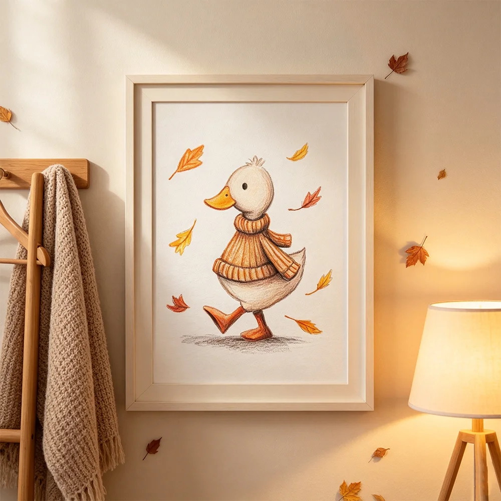 Autumn Fallen Leaves Duck Cute Cartoon Poster Print Canvas Painting Prints Nursery Wall Art for Children Kids Room Decor