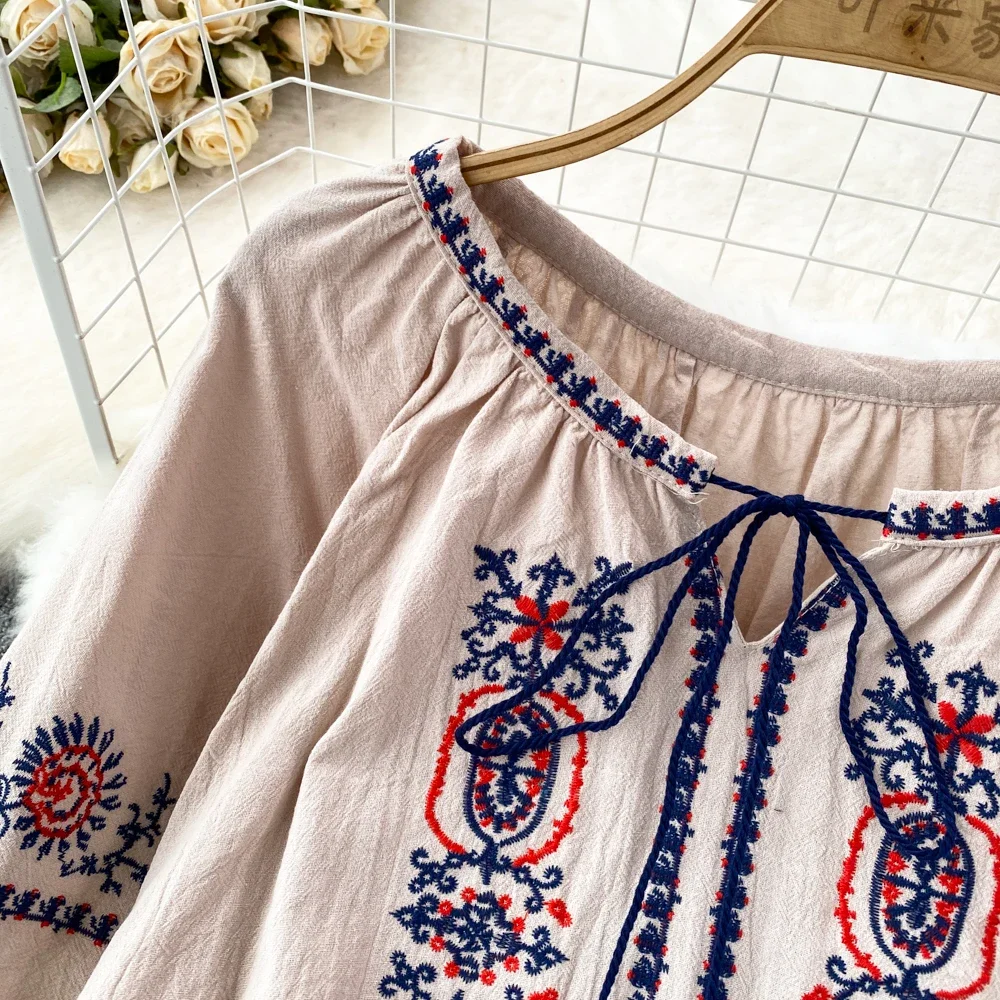 Chic Sweet Embroidery Tassels Long Sleeve Loose Blouse Elegant French Fashion Sexy Shirt Spring Autumn Women Crop Top