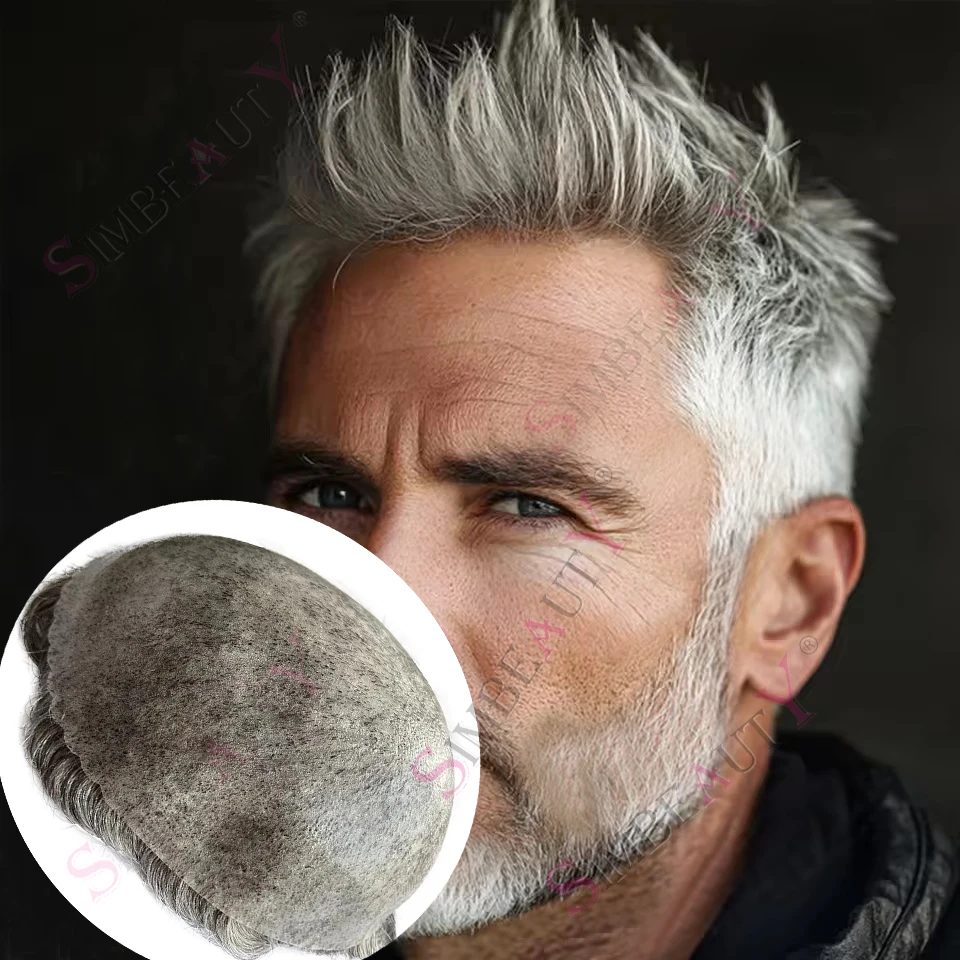 

1B80 1B50 1b30 Gray Men Toupee 100% Human Hair Natural Hairline Durable Microskin PU Dark Brown Undetectable Capillary Prostheti