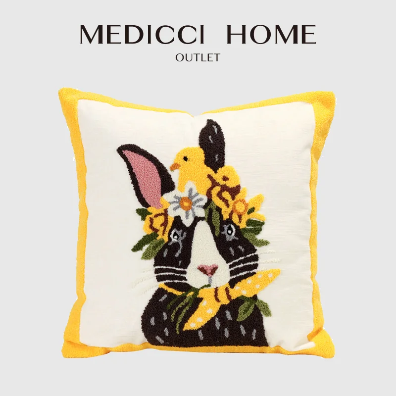 Medicci Home Spring Bunny With Chick Portrait Tufted Pillow Cover Wonderful Art Decorative Cushion Case For Balcony Patio Garden