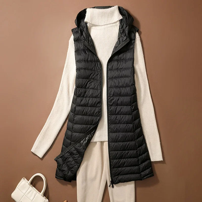 Ultra léger mince canard vers le bas gilet femmes hiver longues vestes à capuche mince gilet automne décontracté basique Parkas