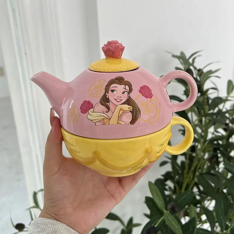 Juego de té de cerámica de princesa Bella de Disney, tetera con temática de sirena con taza, regalo de dibujos animados para niños, fiesta de cumpleaños coleccionable