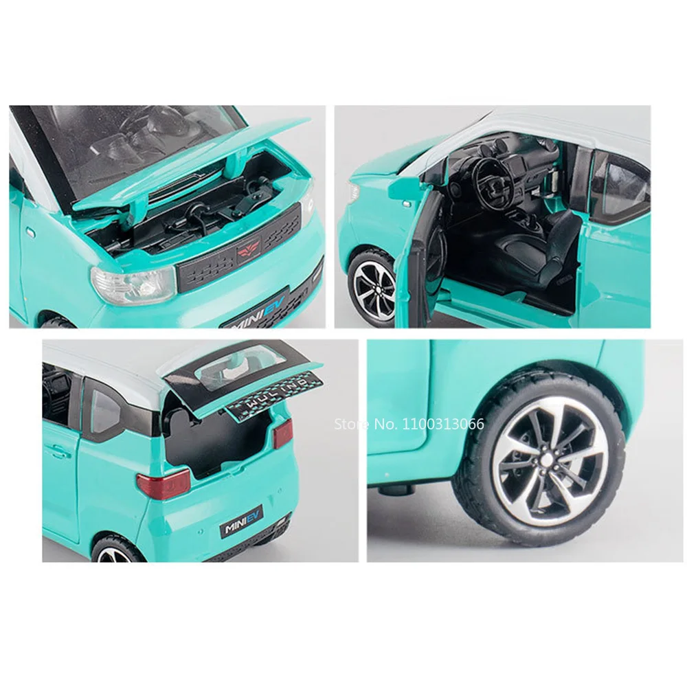 1/24 Skala WULING MINI EV Metalowe zabawki Samochody Diecast Modele Koło Pull Back Gumowe opony Pojazdy dla chłopców Prezenty urodzinowe