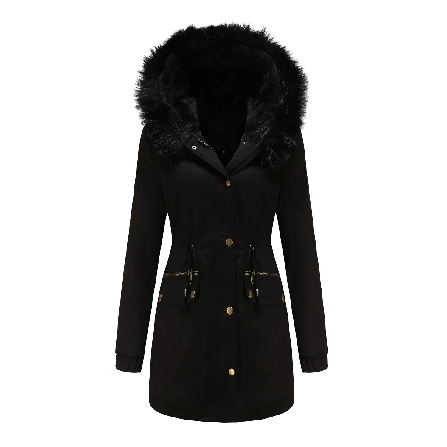 2024 New Winter Women\'s Long Padded Jacket Hooded Women\'s Velvet Thicken Cotton Coat Women\'s Fur Collar Hooded Warm Jacket