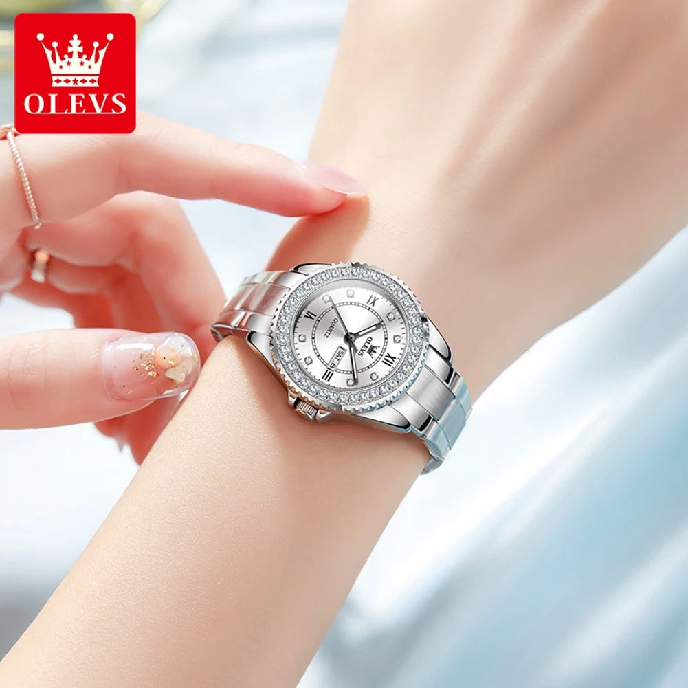 OLEVS 9993 Luxury Dual Calendar Watch For Women Original Waterproof Stainless Steel Woman Watches Roman Scale Quartz Wristwatch