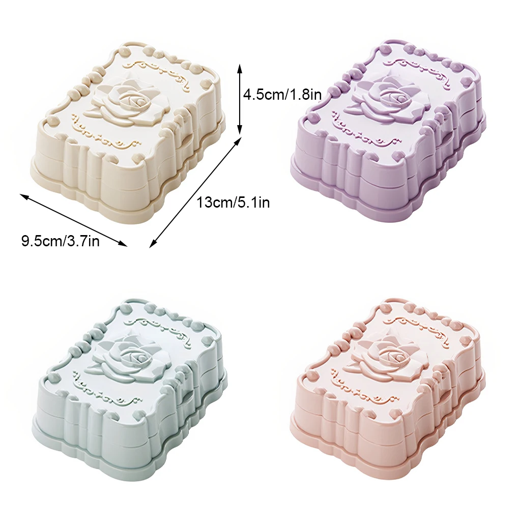 Rose Pattern Soap Dish with Lid Drain Storage Container Carved Box Rack Bathroom Waterproof Water Leaking Organizer Pink