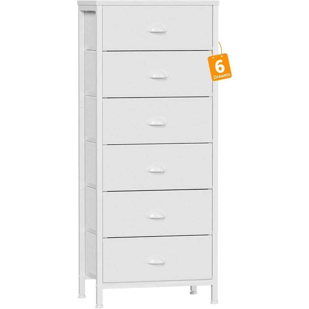 White Tall Dresser for Bedroom,Vertical Storage Tower Unit and End Table with 6 Drawers, Nightstand Furniture Fabric Drawer