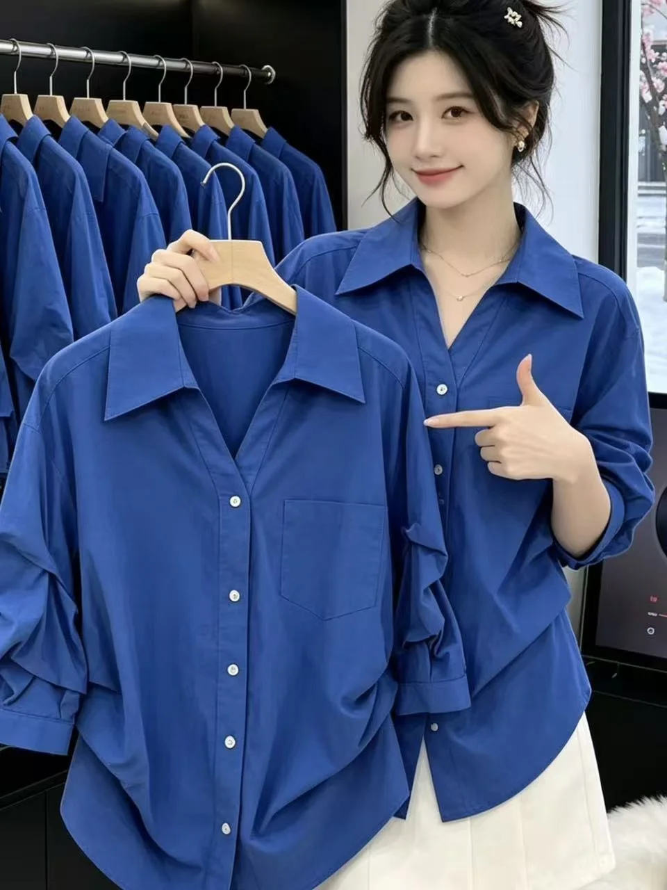 

Elegant Blue Neck Shirt Women's Spring Summer Slim Fit Luxury Design Sense Top French Style Cotton Polyester Blend