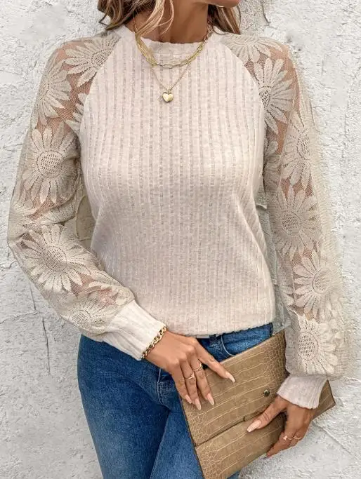 

Сплошной цветной топ с круглым вырезом и цветочным кружевом в стиле пэчворк с длинными рукавами для женщин, повседневный и простой топ с текстурой в полоску