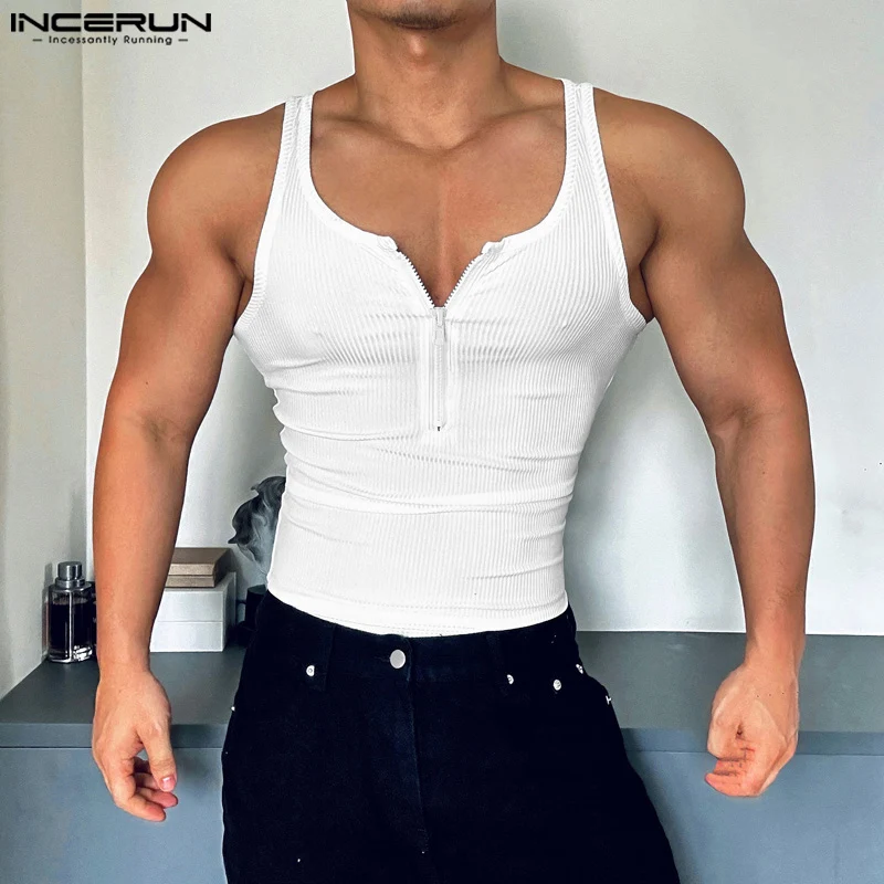 INCERUN Tops 2024 American Style Fashion New Men\'s Striped Zipper Design Vests Casual Streetwear Male Solid Sleeveless Tank Tops