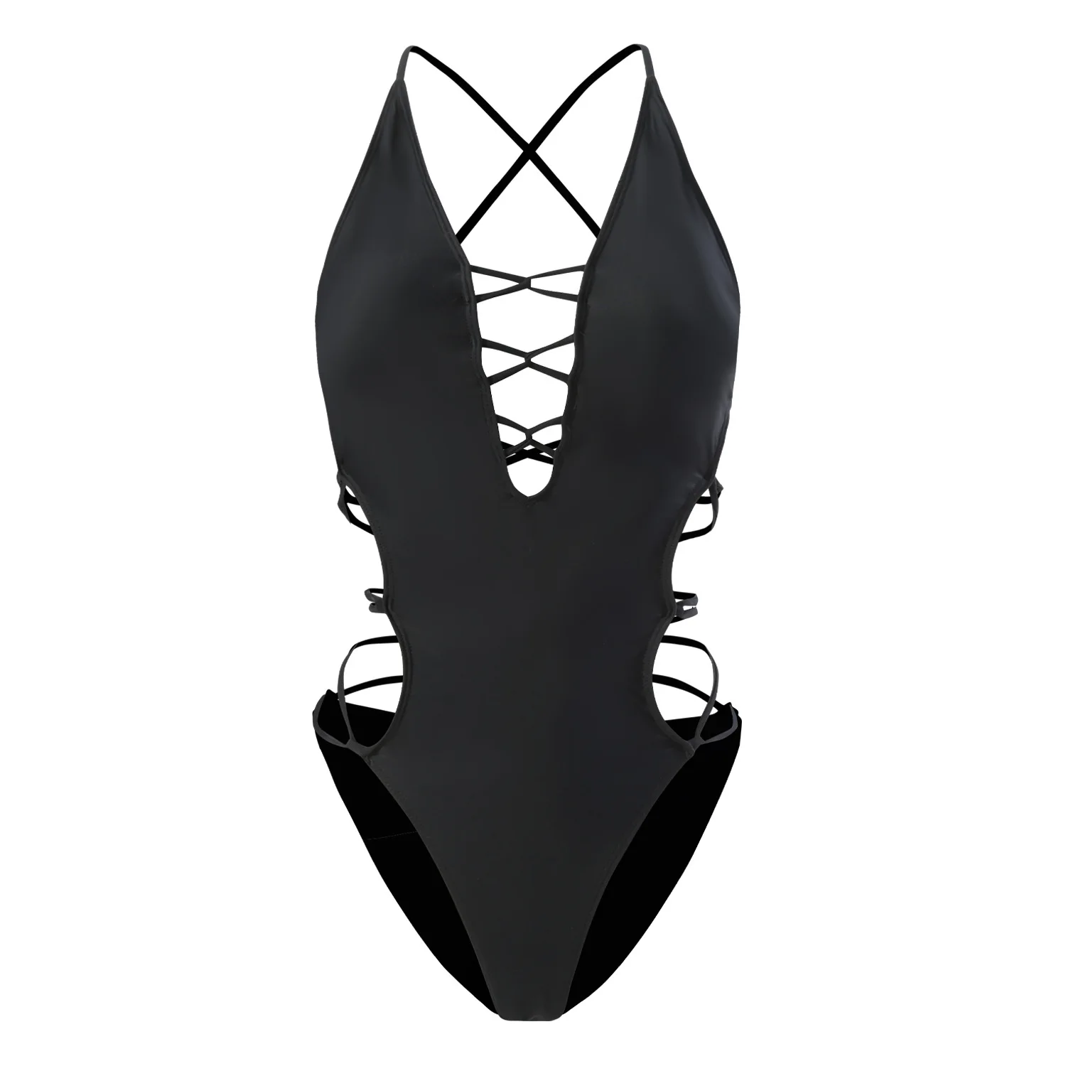 

Women's Black One Piece Swimsuit Sexy Criss Cross Lace Up Front Tummy Control Monokini Beach Bathing Suit