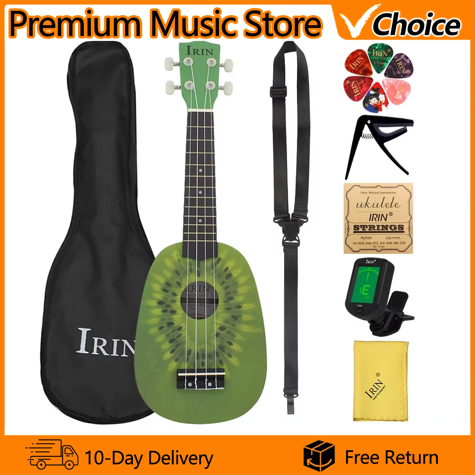 IRIN Ukulele 21 Inch Kiwi Fruit Hawaiian Guitar Musical Instrument 4 Strings Basswood Ukulele Soprano Guitar Tuner Capo Parts